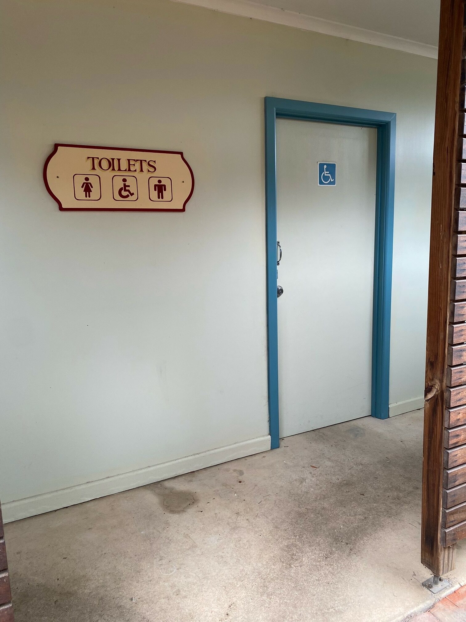 Door to accessible toilet at Rutherglen information centre.