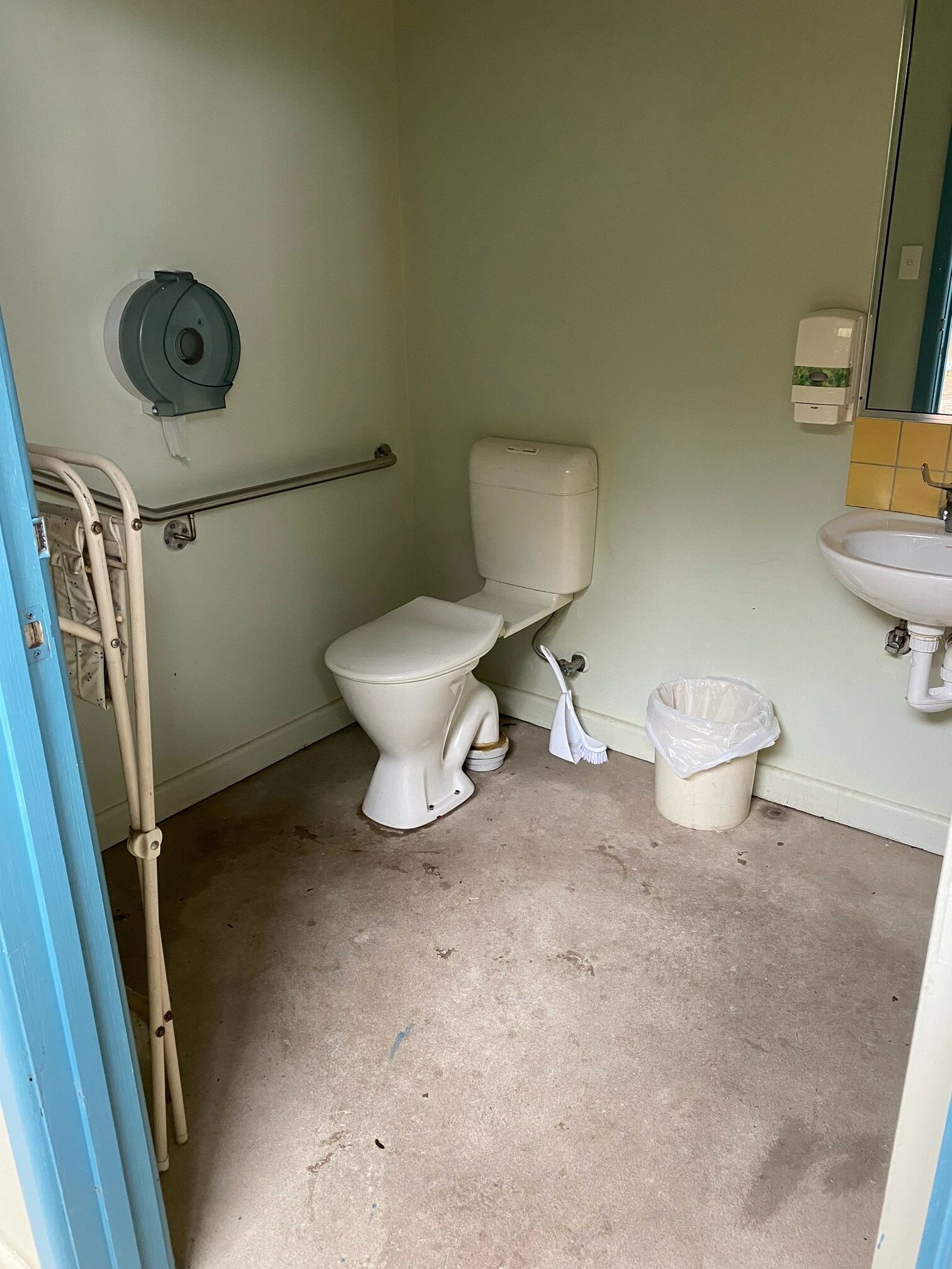 Inside view of accessible toilet with handrail and low sink.